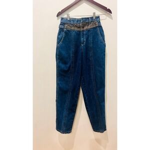Vintage High Waisted Western Tapered Jeans Leather Yoke Medium Wash Denim 24W